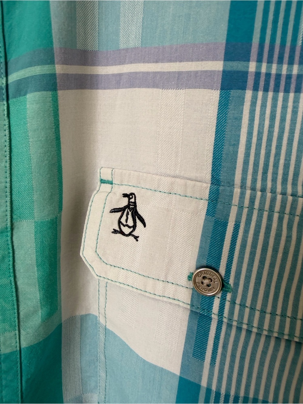 Original Penguin Teal & Light Blue Plaid Botton-Up Shirt XXL - Picture 11 of 11
